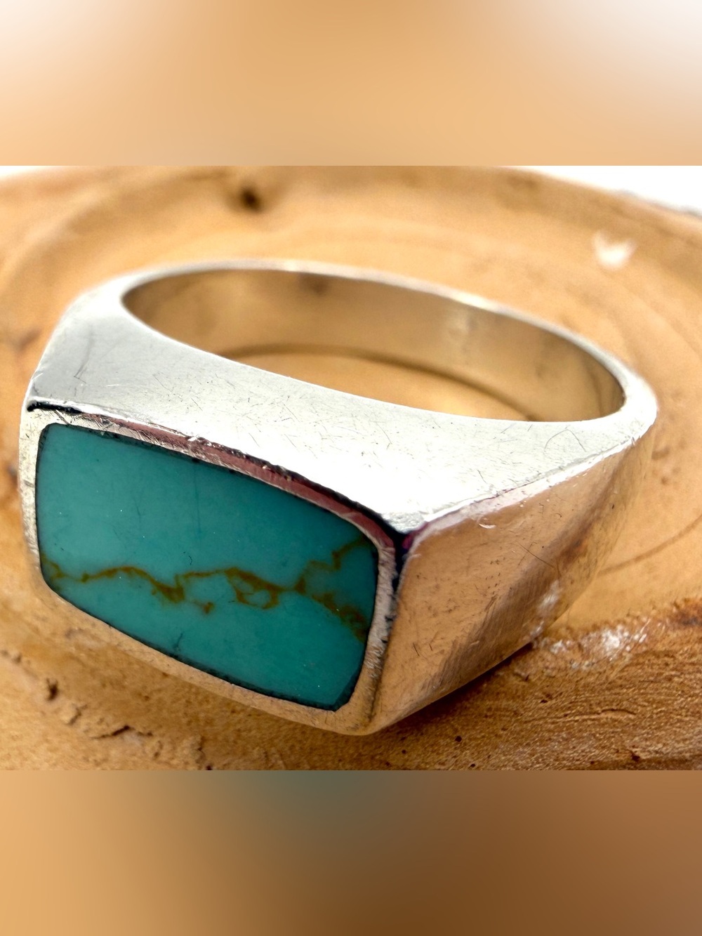 Vintage 925 Mexico Turquoise Sterling Silver Ring Sz 8.5 Modernist Artisan Bezel